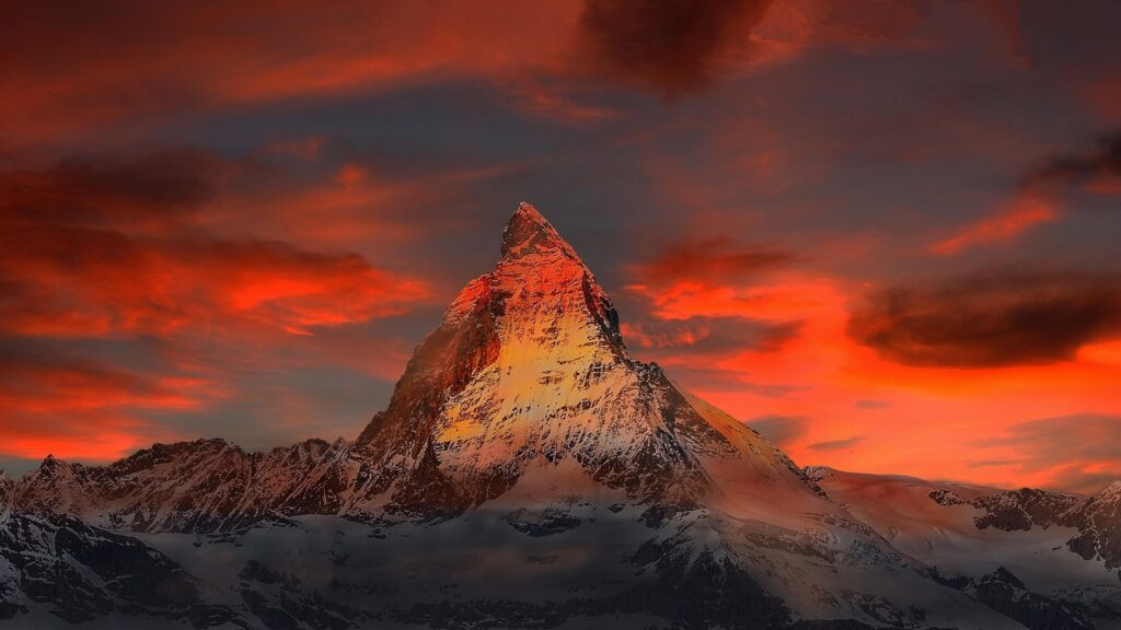 mountains, snow, sunset, dusk, twilight, peak, summit, mountain top, mountain view, sky, clouds, snow mountains, switzerland, zermatt, matterhorn, alpine, gornergrat, monte rosa, landscape, snow matterhorn, high mountains, nature, valais